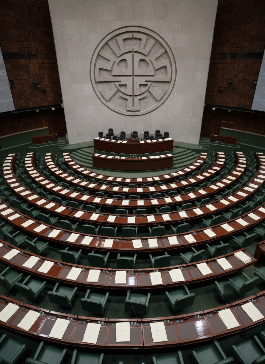 A wide, panoramic photographic view of Mexico’s Congress chamber without any people, focusing on the curved rows of empty green and wooden seats, polished desks with stacked neutral-colored folders, and discreet microphones. The camera is placed at an elevated central point, capturing the full semicircle and the imposing central podium framed by a large, abstract national emblem rendered as a carved stone relief instead of a flag. Soft, diffused overhead lighting illuminates the space evenly, creating subtle reflections on the polished wood and metal. The atmosphere is solemn and institutional, suggesting serious decision-making. Shot with sharp focus throughout, using a balanced, journalistic composition that feels objective and authoritative, perfect for a political news homepage hero image.