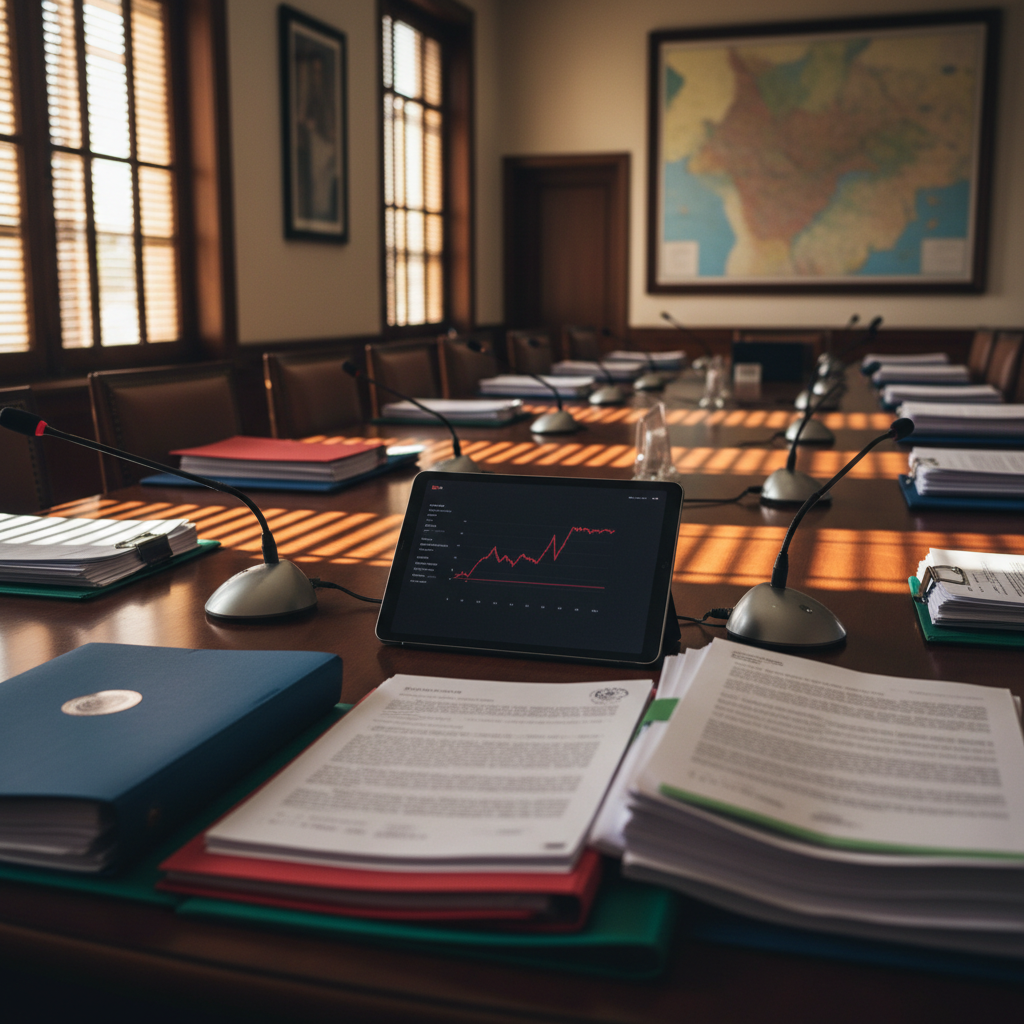 A close-up photographic scene of a long, dark-wood conference table inside a Mexican government meeting room, completely empty of people but prepared for a high-level political negotiation. At the center lies a meticulous arrangement of color-coded briefing folders, neatly stacked legal documents, and a digital tablet showing a blurred data chart, surrounded by small, metallic tabletop microphones and nameplate stands without text. Soft afternoon light filters through tall windows with partially closed blinds, casting clean, diagonal shadows across the table. The mood is tense yet orderly, conveying anticipation before crucial decisions. Captured at table height with a shallow depth of field, the foreground documents are crisp while the far end of the room gently blurs, creating a cinematic, analytical aesthetic suitable for in-depth political analysis articles.